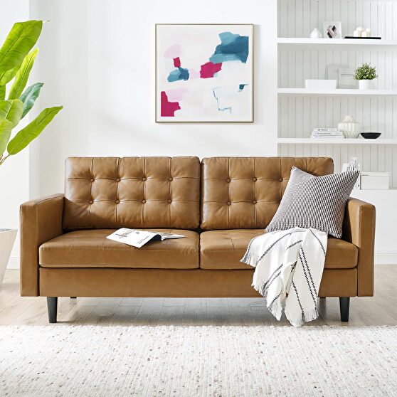 Tufted vegan leather sofa in tan