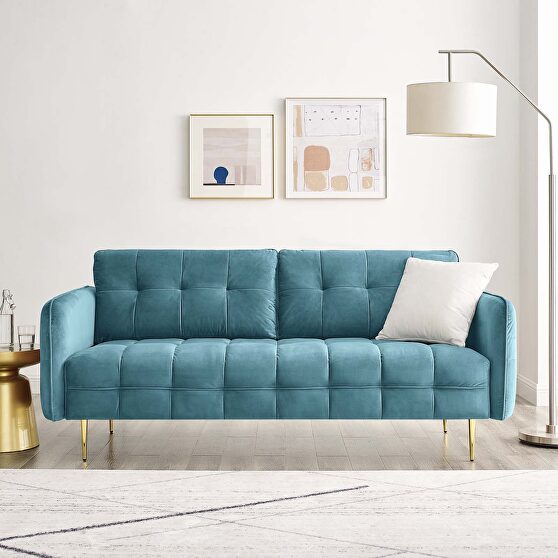 Tufted performance velvet sofa in sea blue