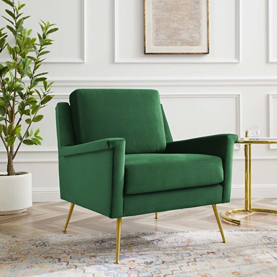 Performance velvet armchair in gold emerald