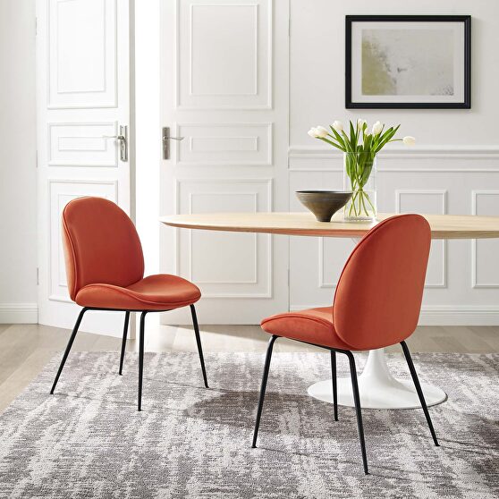 Black powder coated steel leg performance velvet dining chairs - set of 2 in orange