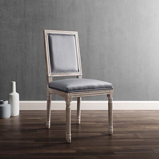 French vintage performance velvet dining side chair in natural gray