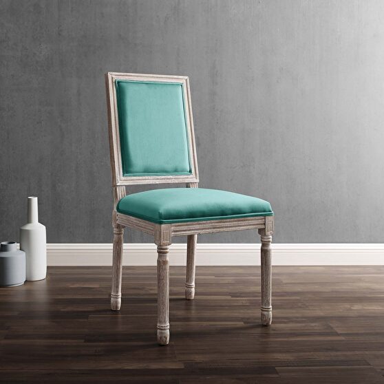 French vintage performance velvet dining side chair in natural teal