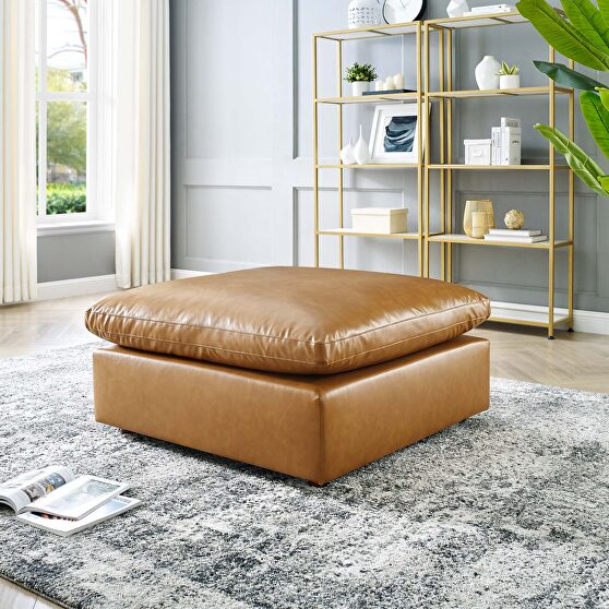 Down filled overstuffed vegan leather ottoman in tan
