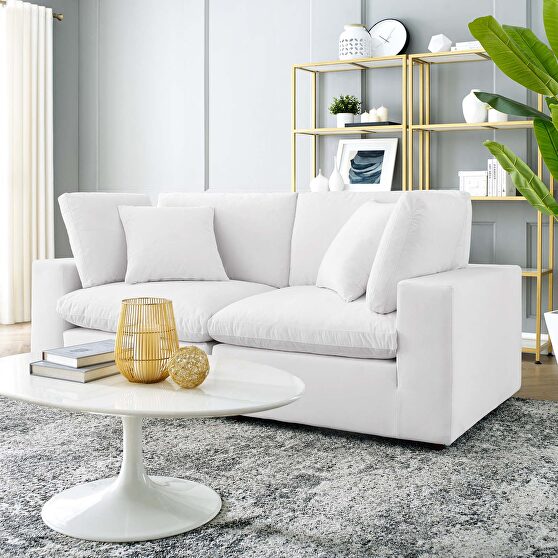 Down filled overstuffed performance velvet loveseat in white