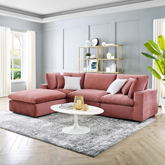Down filled overstuffed performance velvet 4-piece sectional sofa in dusty rose