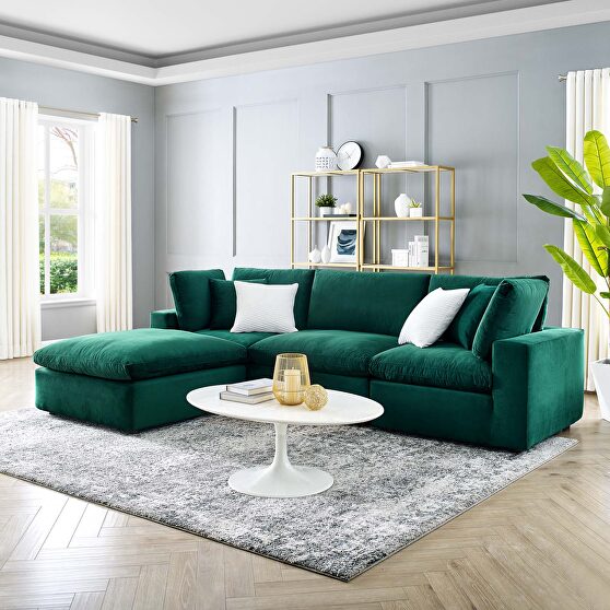 Down filled overstuffed performance velvet 4-piece sectional sofa in green