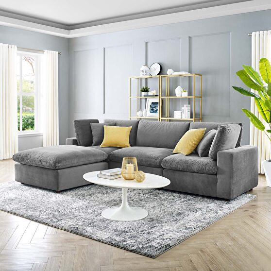 Down filled overstuffed performance velvet 4-piece sectional sofa in gray