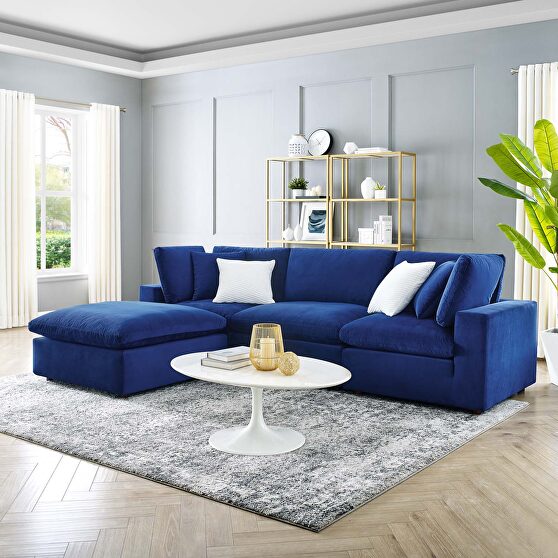 Down filled overstuffed performance velvet 4-piece sectional sofa in navy