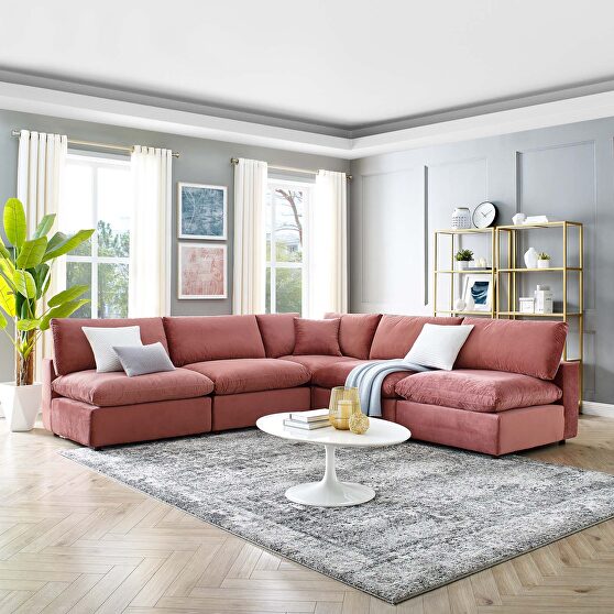 Down filled overstuffed performance velvet 5-piece sectional sofa in dusty rose
