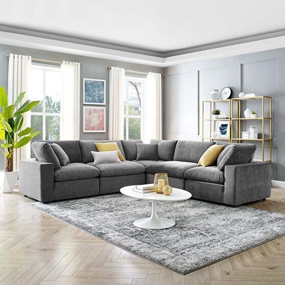 Down filled overstuffed performance velvet 5-piece sectional sofa in gray