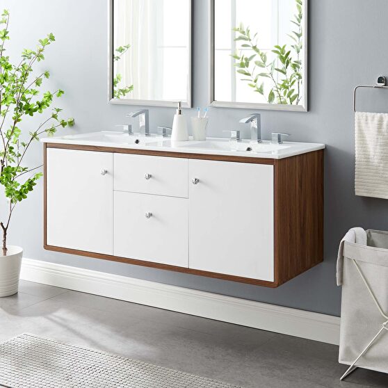 Wall-mount bathroom vanity in walnut white