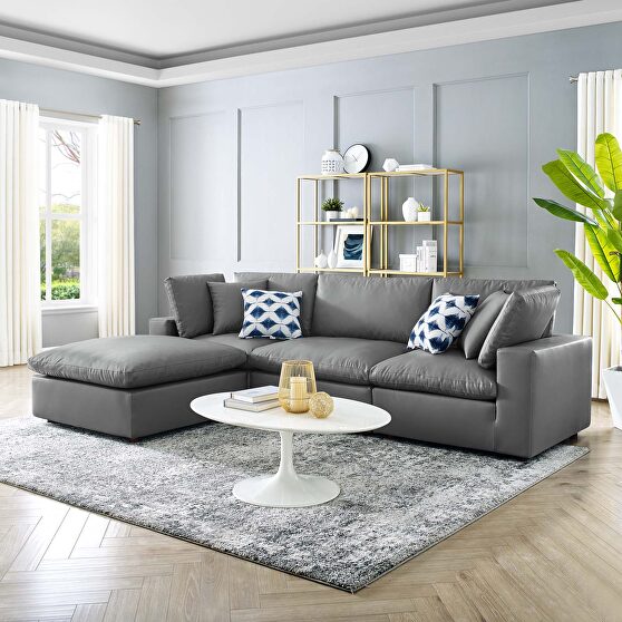 Down filled overstuffed vegan leather 4-piece sectional sofa in gray