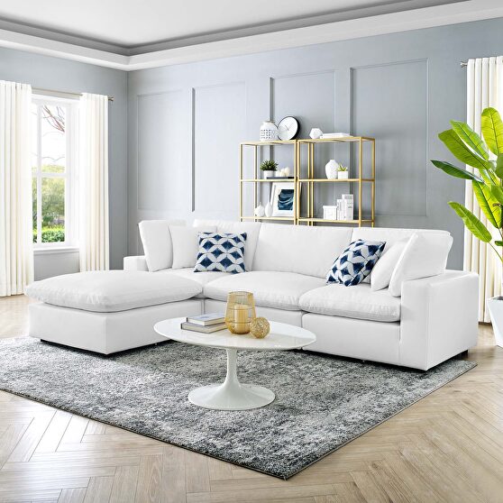 Down filled overstuffed vegan leather 4-piece sectional sofa in white