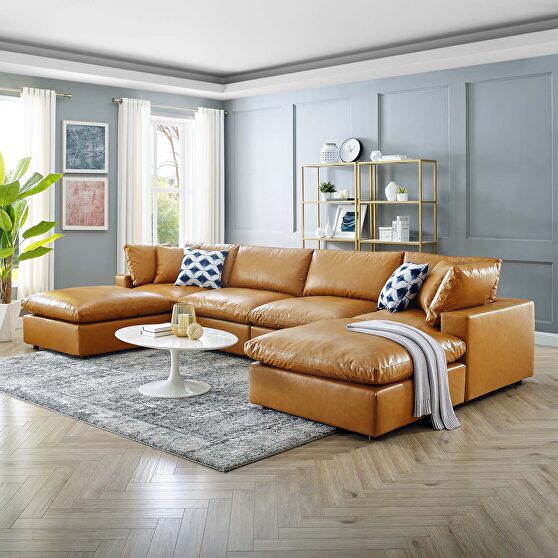 Down filled overstuffed vegan leather 6-piece sectional sofa in tan