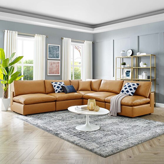 Down filled overstuffed vegan leather 5-piece sectional sofa in tan
