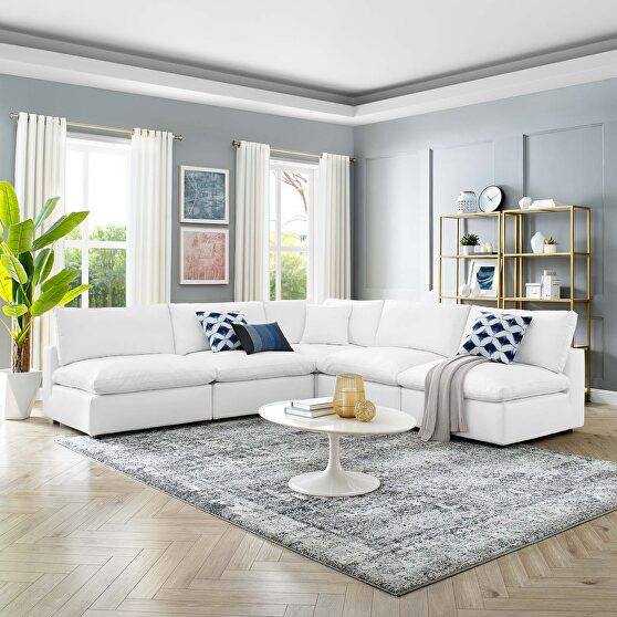Down filled overstuffed vegan leather 5-piece sectional sofa in white