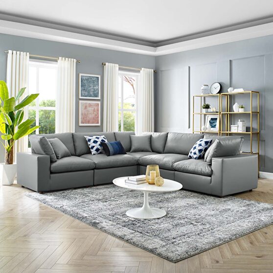 Down filled overstuffed vegan leather 5-piece sectional sofa in gray