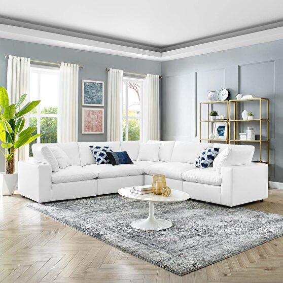 Down filled overstuffed vegan leather 5-piece sectional sofa in white