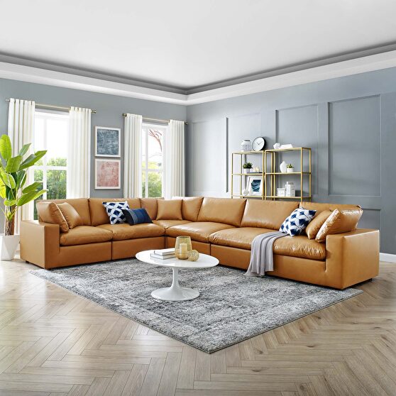 Down filled overstuffed vegan leather 6-piece sectional sofa in tan
