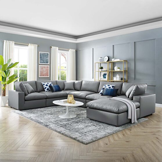 Down filled overstuffed vegan leather 7-piece sectional sofa in gray