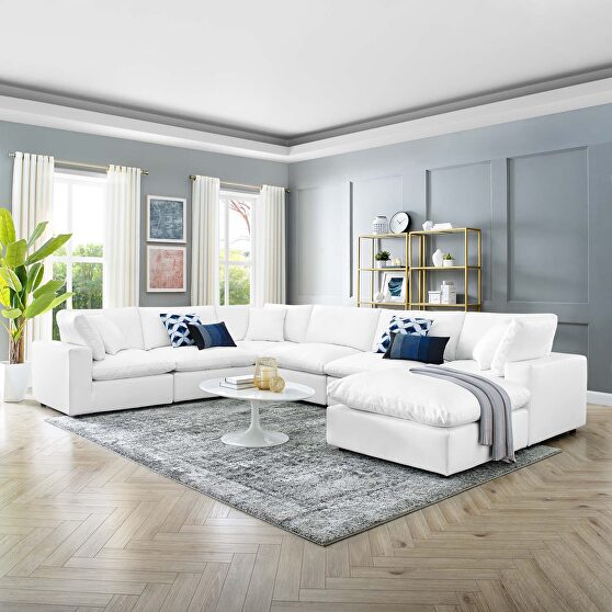 Down filled overstuffed vegan leather 7-piece sectional sofa in white