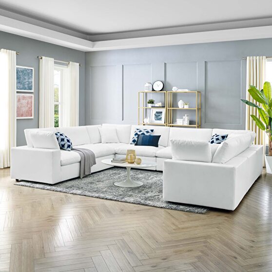 Down filled overstuffed vegan leather 8-piece sectional sofa in white