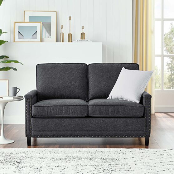 Upholstered fabric loveseat in charcoal