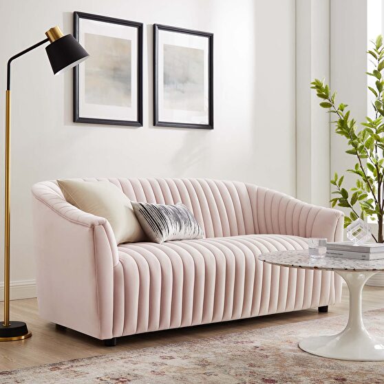 Pink finish performance velvet upholstery channel tufted loveseat