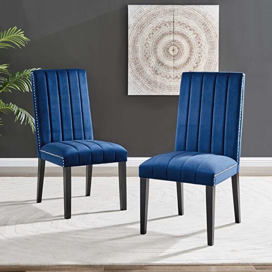 Navy finish performance velvet upholstery dining side chairs/ set of 2