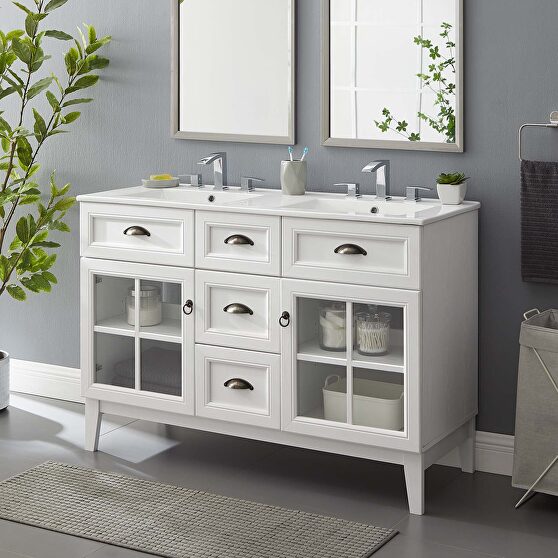Double bathroom vanity cabinet w/ dual ceramic sink basins