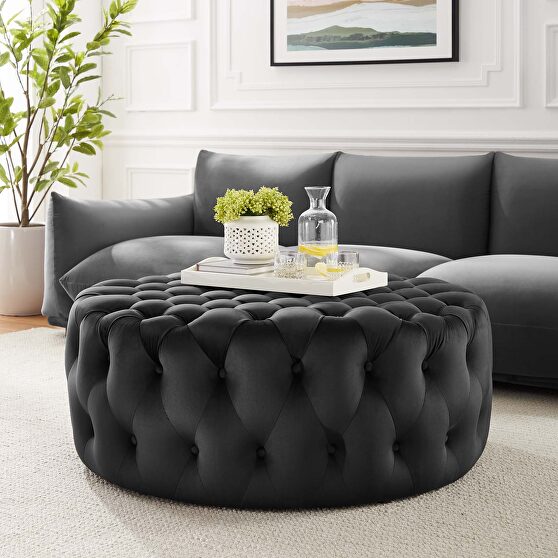 Black finish button tufted performance velvet large round ottoman