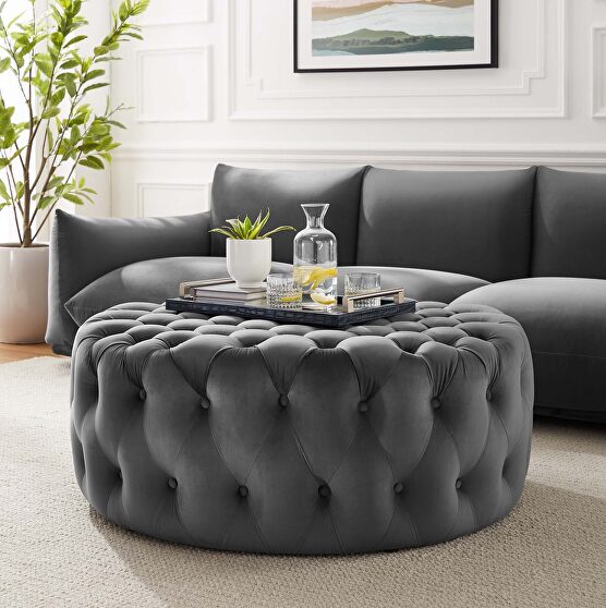 Gray finish button tufted performance velvet large round ottoman
