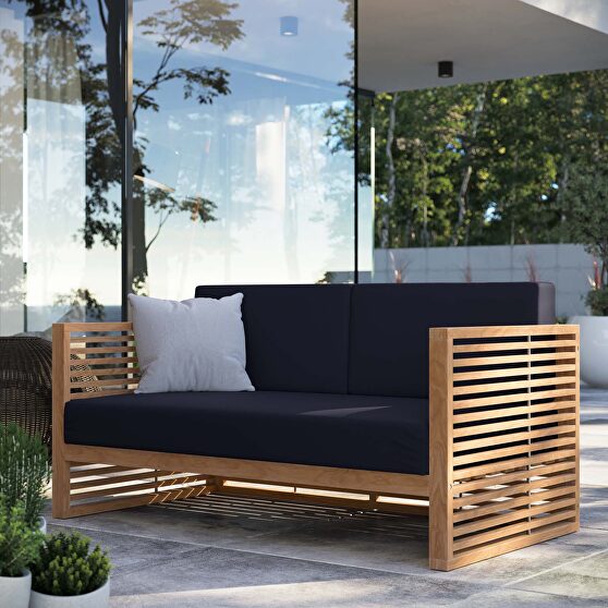 Teak wood outdoor patio loveseat in natural/ navy
