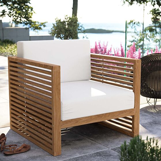 Teak wood outdoor patio armchair in natural/ white