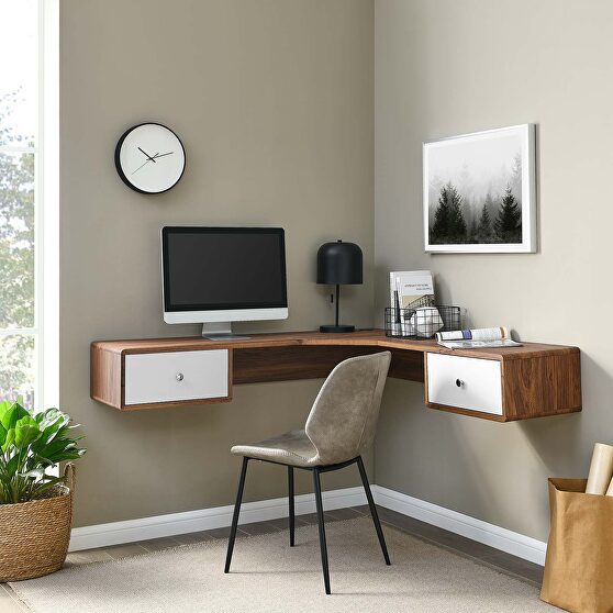 Wall mount corner wood office desk in walnut/ white finish