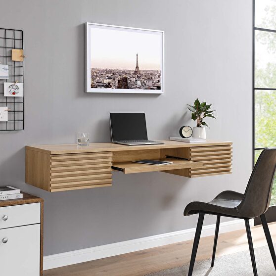 Wall mount wood office desk in oak finish