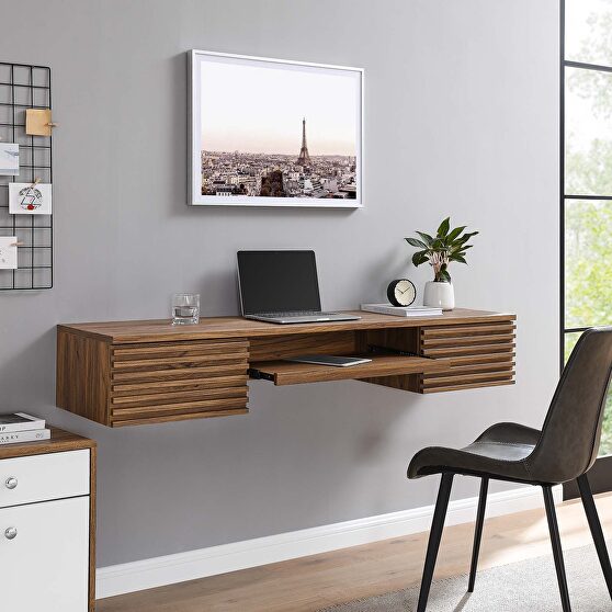 Wall mount wood office desk in walnut finish