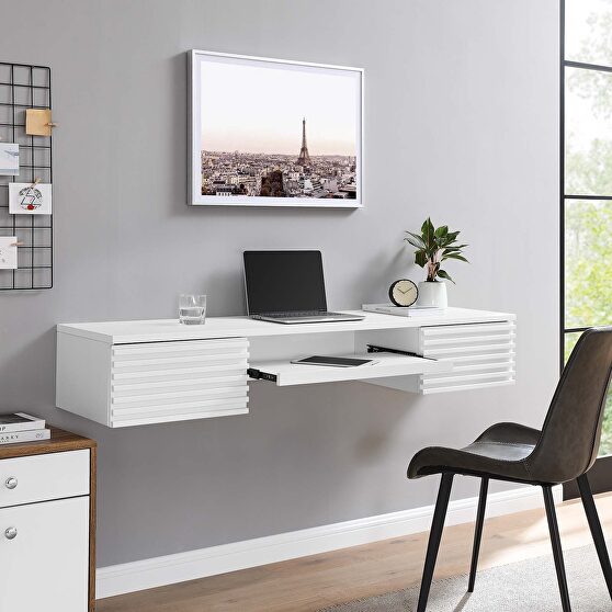 Wall mount wood office desk in white finish