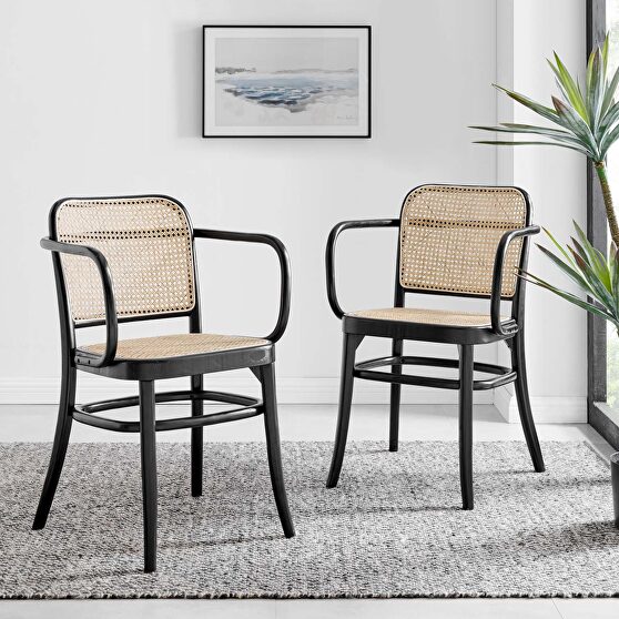 Black finish wood rounded edges and armrests dining chair set of 2