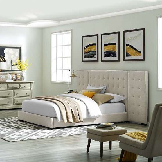 Beige finish upholstered fabric platform bed
