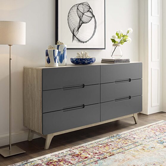 Six-drawer wood dresser or display stand in natural gray