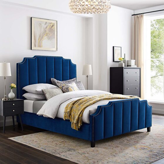 Navy finish performance velvet upholstery platform bed