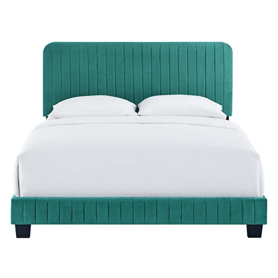 Teal finish channel tufted performance velvet king bed