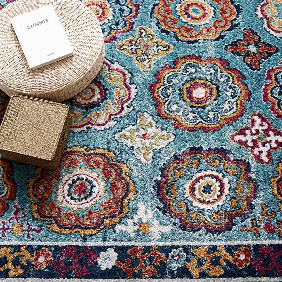 Distressed floral moroccan trellis area rug in blue, red, orange and yellow
