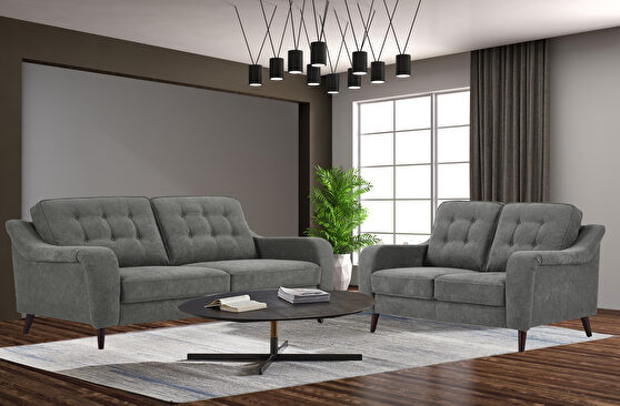 Polyester fabric dark gray tufted sofa / loveseat set