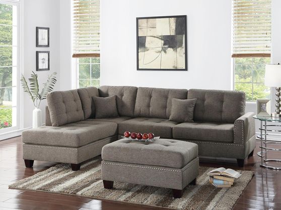 3pcs sectional + ottoman set in coffee fabric