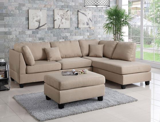 Reversible beige casual linen fabric sectional sofa
