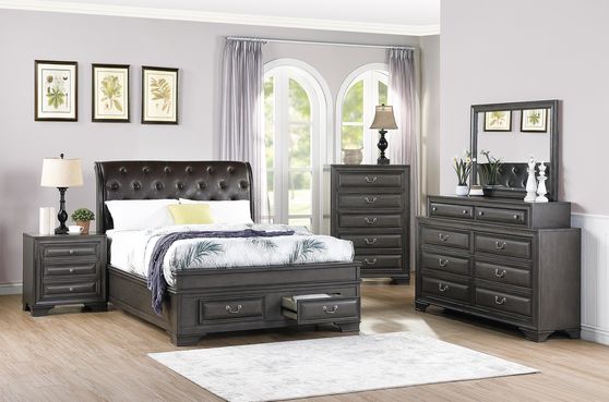 Black traditional style tufted bed w/ 2 drawers