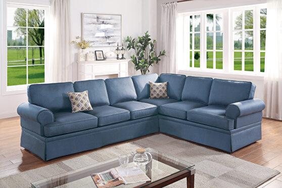 Blue glossy polyfiber 2-pcs sectional sofa set