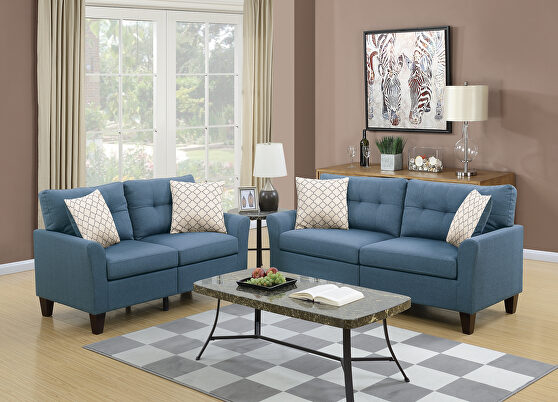 Blue glossy polyfiber sofa and loveseat set